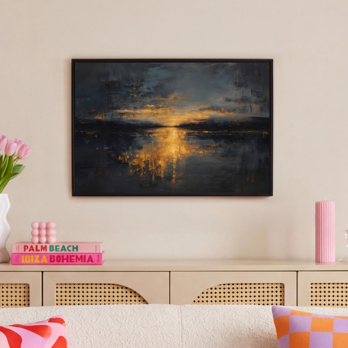 LEINWAND Bilder mit Rahmen - Goldene Reflexion auf dem Wasser - 60x40 - Anthrazit, Textil (60/40cm) - MuchoWow