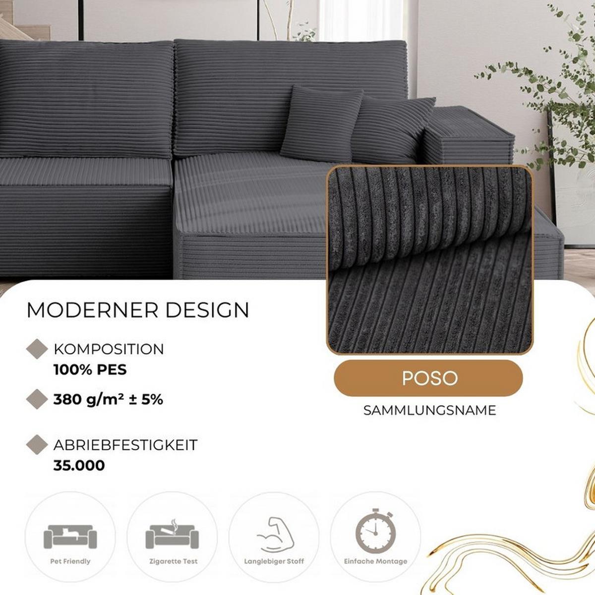ECKSOFA NOVA Links mit Schlaffunktion und Bettkasten Dunkelgrau - Dunkelgrau, Kunststoff/Textil (294/185cm) - Idohome