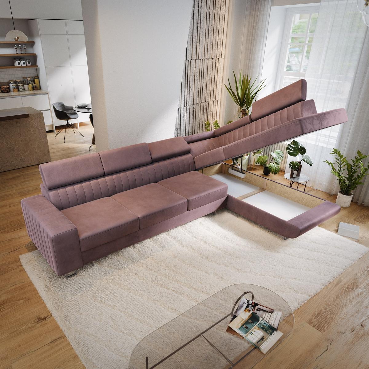 ECKSOFA HESTION Lila Velours-Stoff mit Schlaffunktion - Lila, Holz (332/190cm) - MASSENO