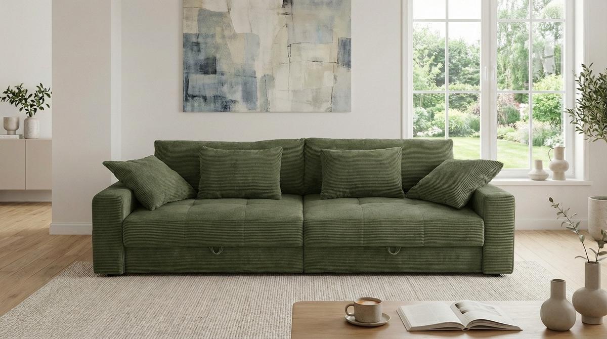 BIG-SOFA mit 2 Bettkästen, viel Stauraum, B274/T113/H84 cm, Liegefläche 103x241 cm, Cord Grün / 15262 - Schwarz/Grün, Kunststoff/Textil (284/84/113cm) - luma-home