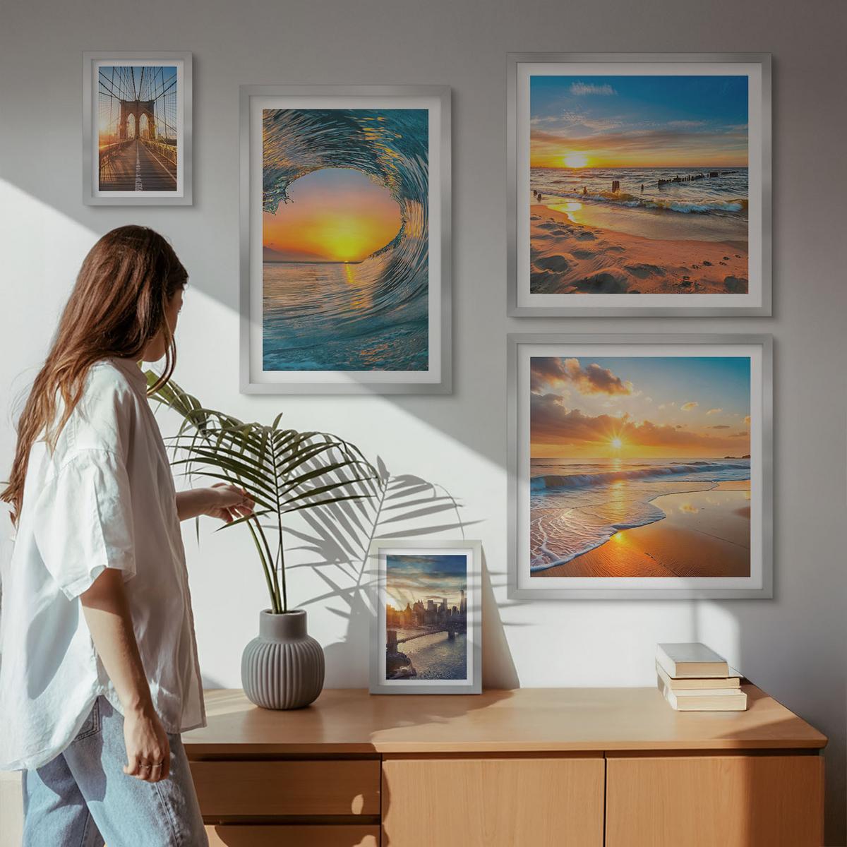 BILDER SET 5er Set - 50x50 cm & 20x30 cm & 40x60 cm Silberner Rahmen - Brücken, Sonnenuntergänge, Stadt - Silberfarben, Kunststoff (40/60cm) - TULUP