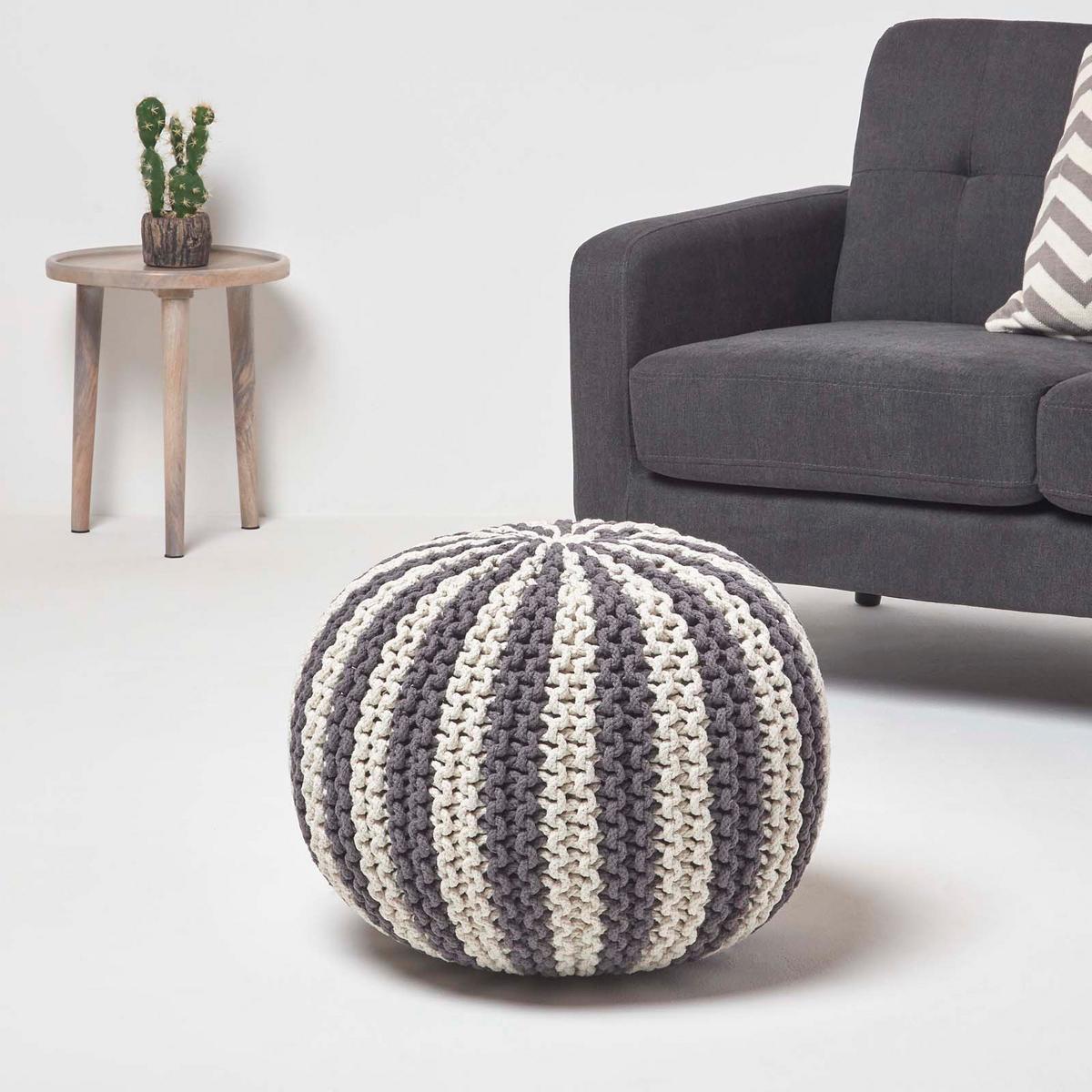 STRICKPOUF rund, grau-creme gestreift, 50/50/40 cm - Grau, Textil (50/40/50cm) - Homescapes