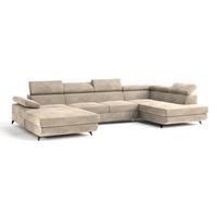 WOHNLANDSCHAFT RUBANO R-S Creme Velours-Stoff mit Schlaffunktion - Creme, Holz (339/89/190cm) - MASSENO