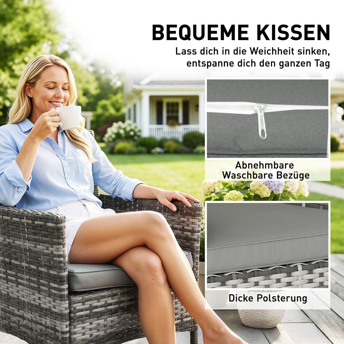 RATTANSTÜHLE 2er Set PE-Rattan Stahl Grau - Grau, Textil/Metall - Outsunny