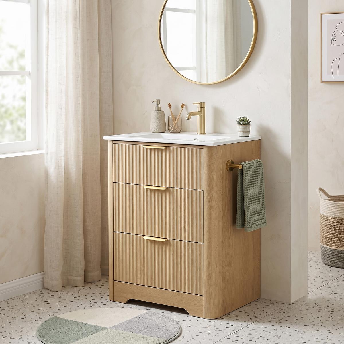 WASCHTISCHUNTERSCHRANK Holzoptik mit 2 Schubladen & Papierhalter - Naturfarben, Holzwerkstoff (61/82/47cm) - Urban Meuble