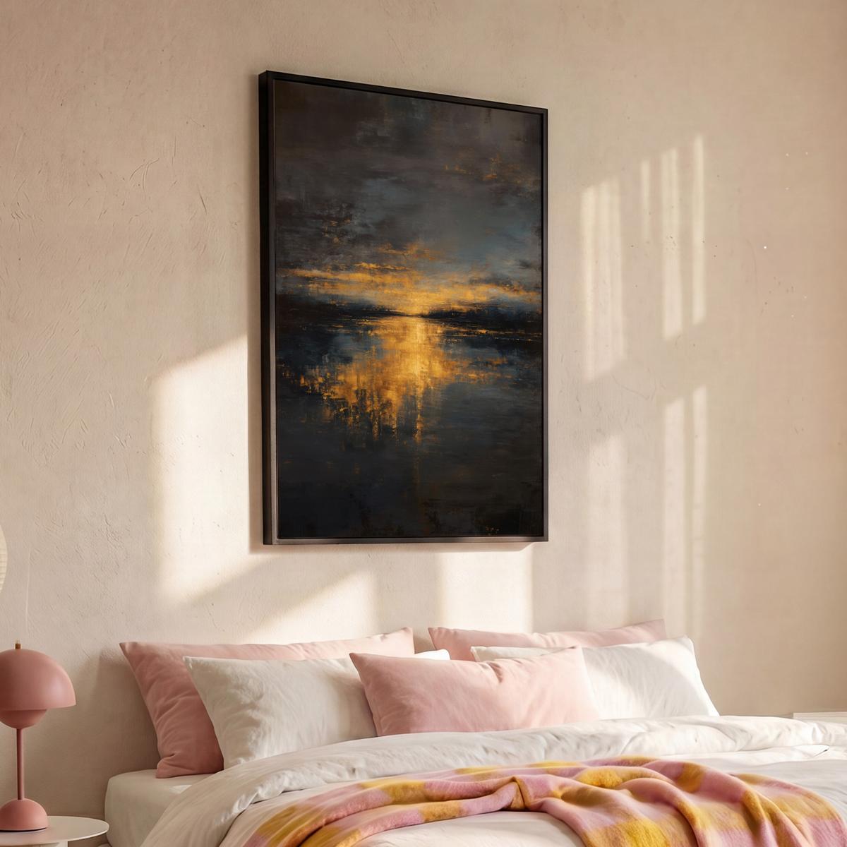 LEINWAND Bilder mit Rahmen - Goldene Reflexion auf dem Wasser - 90x140 - Anthrazit, Textil (90/140cm) - MuchoWow