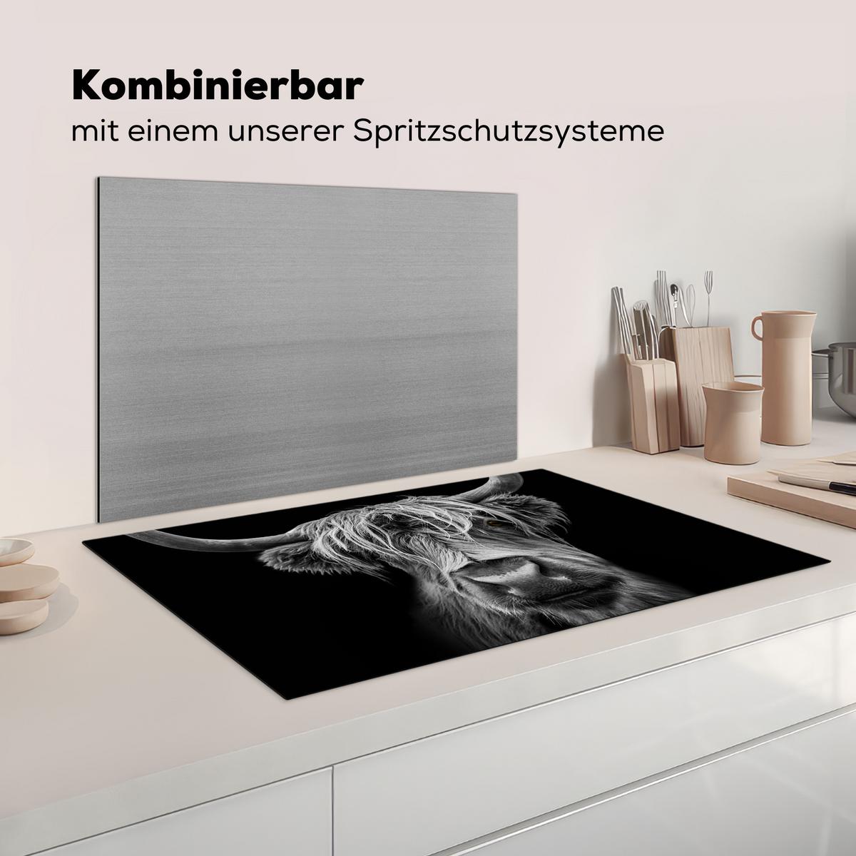 HERDABDECKPLATTE Schottischer Highlander - Hörner - Schwarz - Weiß - Kuh - Wild - Tiere Ceranfeldabdeckung 85x52 cm - Schwarz, Kunststoff (85/52/0.2cm) - MuchoWow