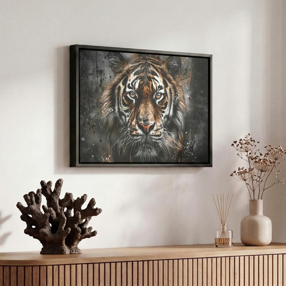 LEINWAND Bilder mit Rahmen - Tiger - Tiere - Porträt - Luxus - Schwarz - 30x20 - Braun, Textil (30/20cm) - MuchoWow