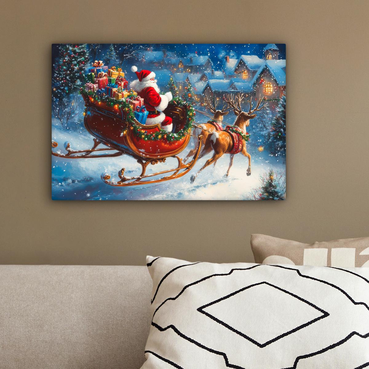 LEINWANDBILD Weihnachtsmann - Rentier - Weihnachten - Schnee Deko Schlafzimmer 30x20 cm - Cognac, Textil (30/20cm) - MuchoWow