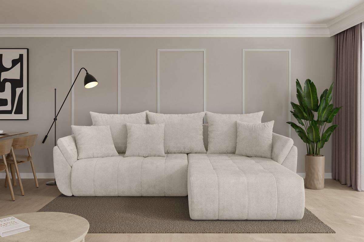 ECKSOFA mit Schlaffunktion Ottomane Rechts TOKO-L 277x194x86 Creme Cord - Ecru/Creme, Holzwerkstoff/Kunststoff (277/194cm) - ALTDECOR