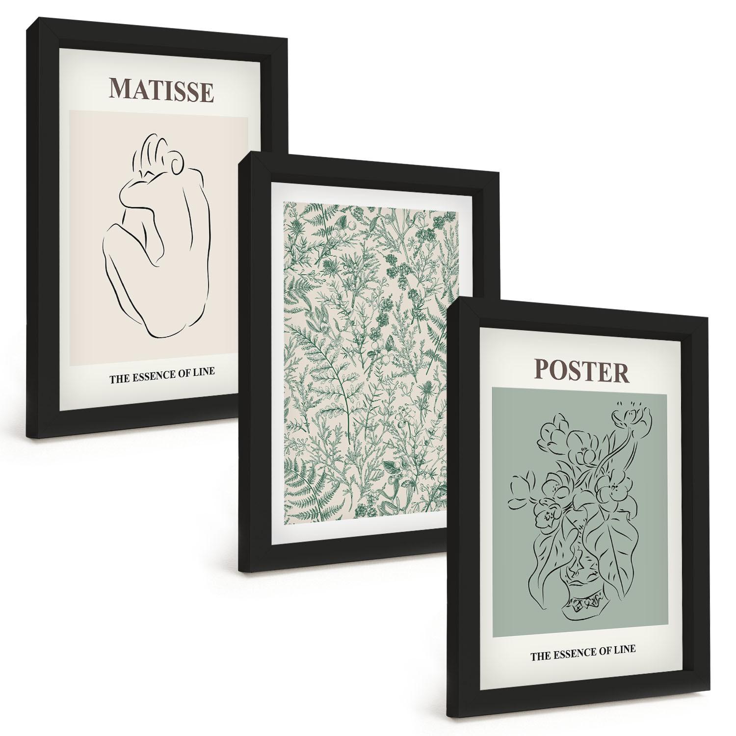 BILDER SET 3er Set - 20x30 cm Schwarzer Rahmen - Linien, Pflanzenmuster, Minimalismus - Schwarz, Kunststoff (20/30cm) - TULUP