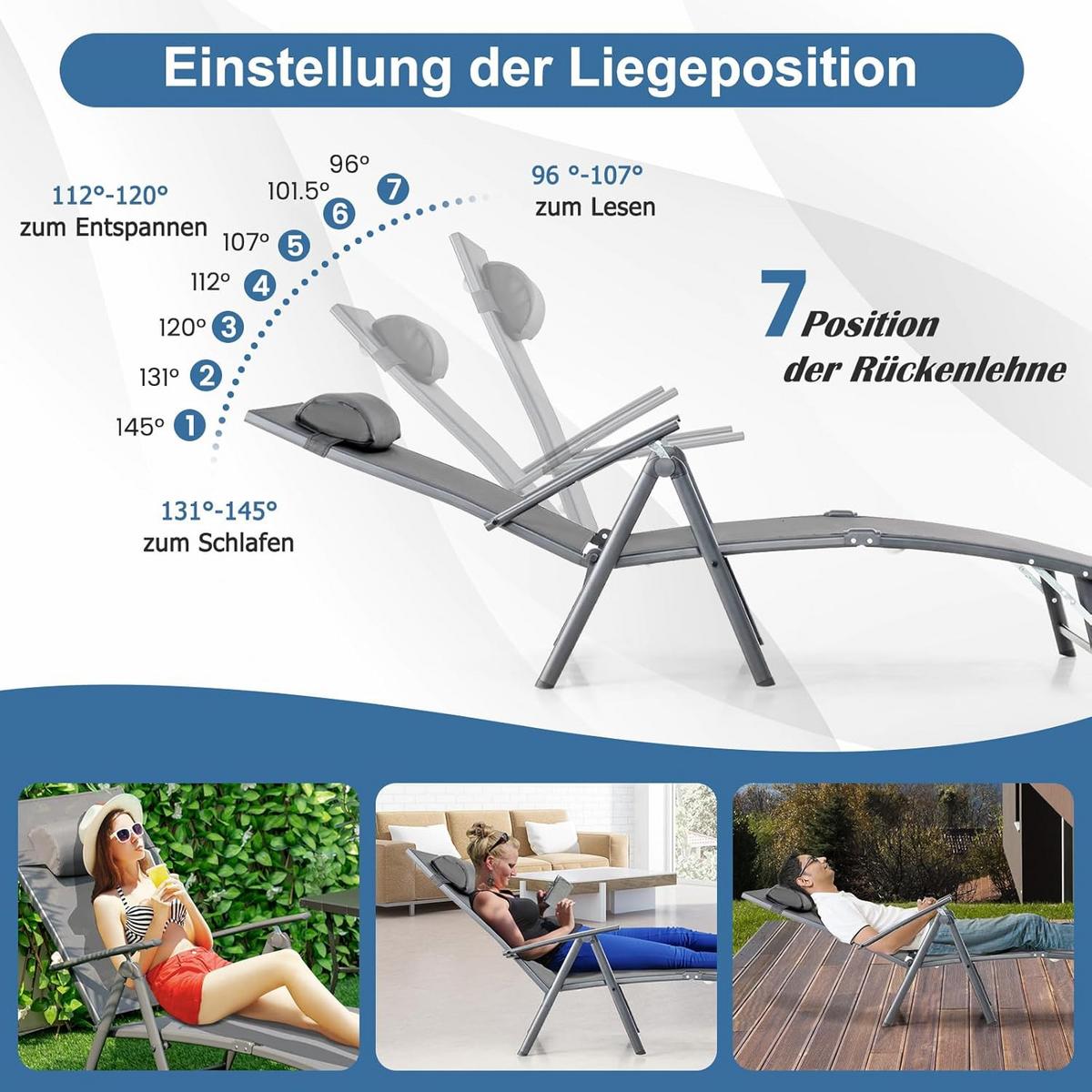 GARTENLIEGE Grau - Grau, Textil (185/73/61cm) - COSTWAY