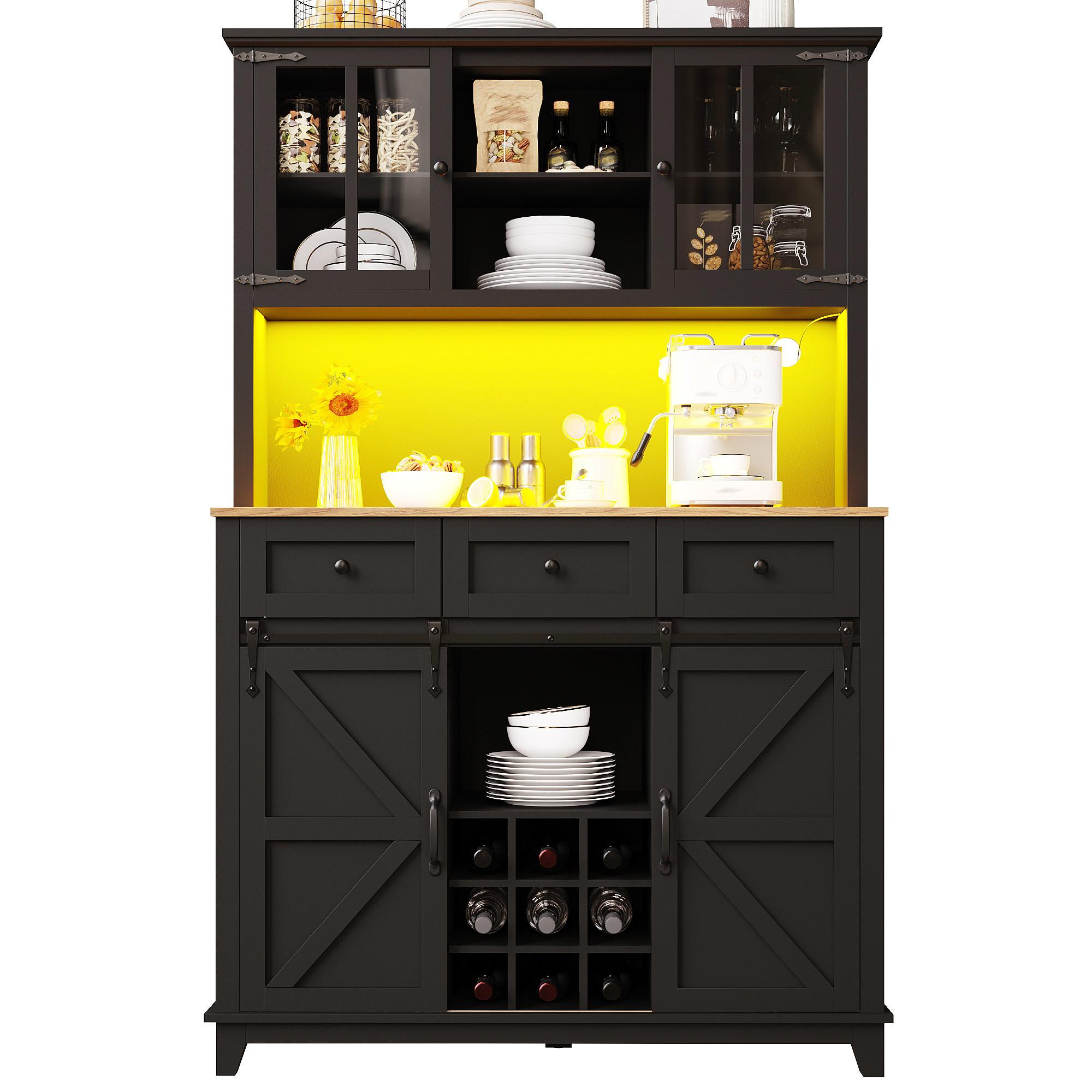 BUFFETSCHRANK Schwarz 105x180cm mit LED-Beleuchtung, Glastüren & Weinregal - Schwarz, Holzwerkstoff (105/180/38.4cm) - Urban Meuble
