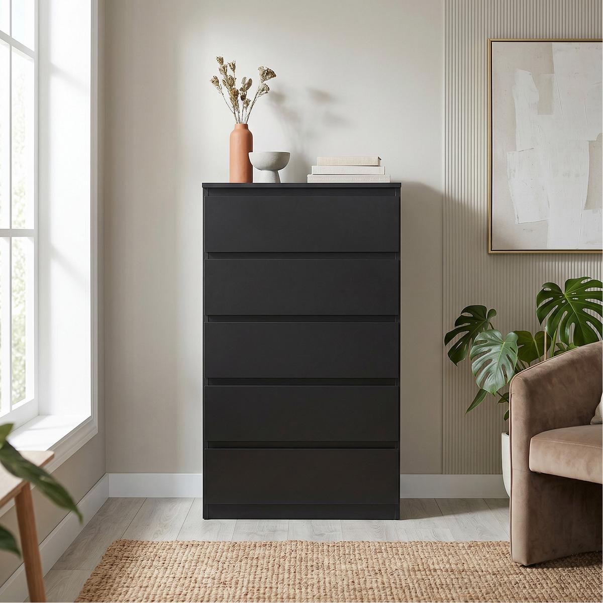 KOMMODE NUDO 70/124,5/39cm mit 5 Schubladen Türen Schwarz - Schwarz, Holzwerkstoff (70/124.5/39cm) - MASSENO