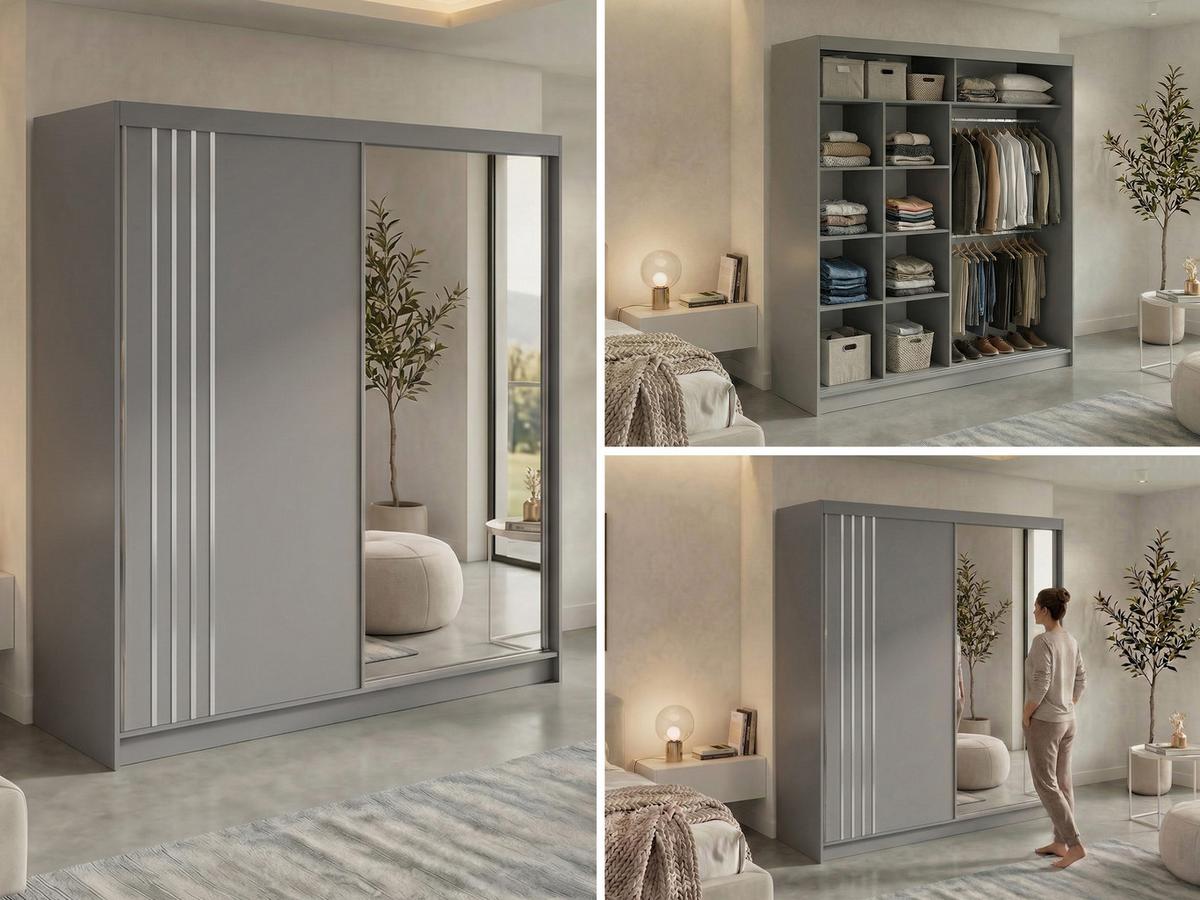 SCHWEBETÜRENSCHRANK mit Lamellen und Spiegel DIANA - 200 - Grau und Weiß - Alufarben/Weiß, Holzwerkstoff/Metall (200/216/61cm) - MKS
