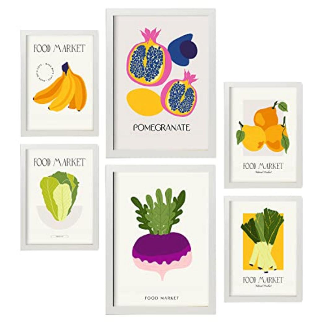 POSTER Set Mit 6 Lebensmittel Und Ernährungs Früchte Und Gemüse Natur Und Botanikdrucke Für Innenarchitektur A3 & A4 Weißer Rahmen - Weiß, Papier (29/3cm) - Nacnic