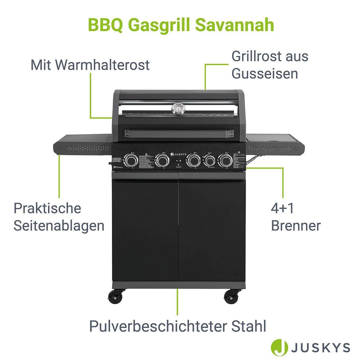 GASGRILL Savannah schwarz 4+1 - Schwarz, Metall (133/114/57cm) - Juskys