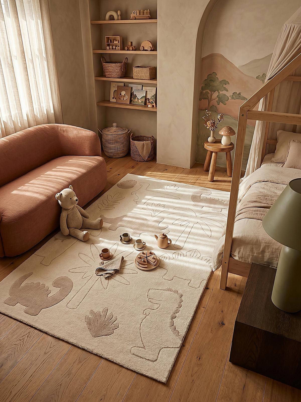 KINDERTEPPICH Kurzflor Dinosaurier CANAZEI Polypropylen Creme 120 x 120 cm - Beige, Textil (120/120cm) - KADIMA DESIGN