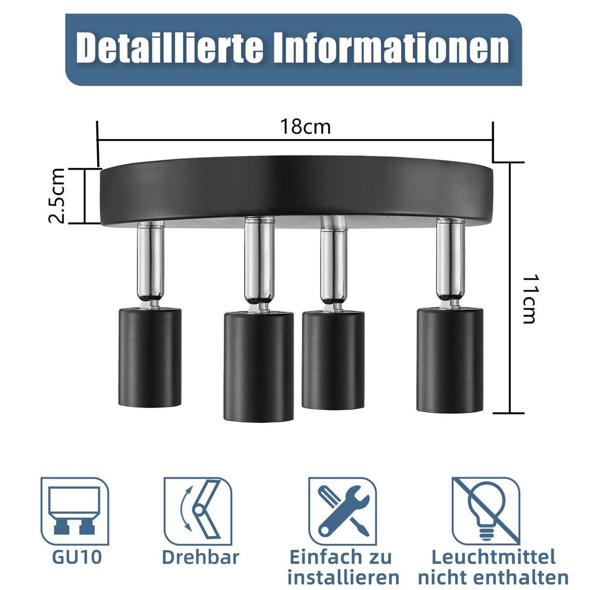 DECKENSTRAHLER Birtha 4-flammig 18/18/11 cm - Schwarz, Metall (18/18/11cm) - Nettlife