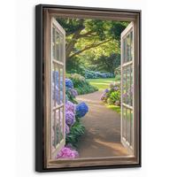 LEINWAND Bilder mit Rahmen - Aussicht - Garten - Fenster - Hortensie - Blumen - 20x30 - Pastellblau, Textil (20/30cm) - MuchoWow