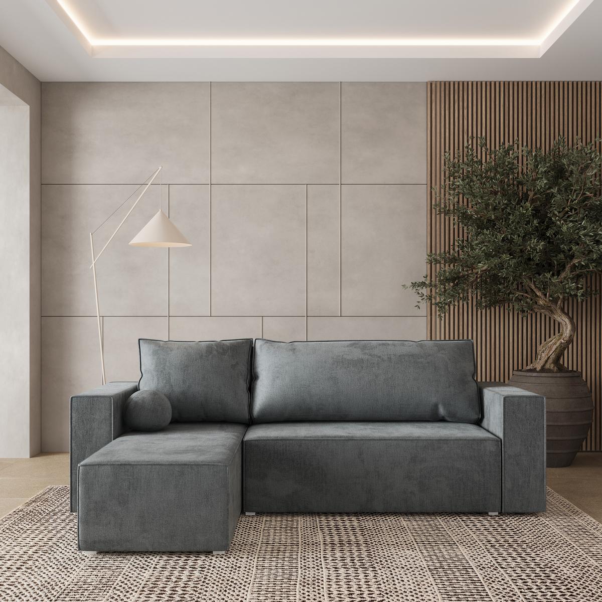 ECKSOFA RAVELO M Grau Velours-Stoff mit Schlaffunktion - Grau, Holz/Kunststoff (240/140cm) - MASSENO
