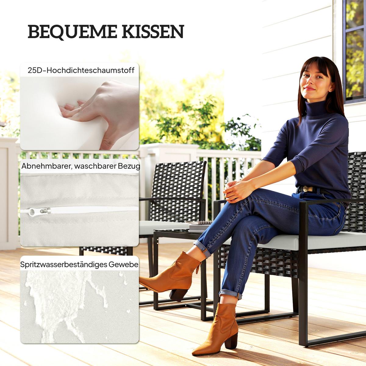 BISTROSET 3 TLG. aus PE-Rattan, Cremeweiß - Creme/Schwarz, Textil/Metall - Outsunny