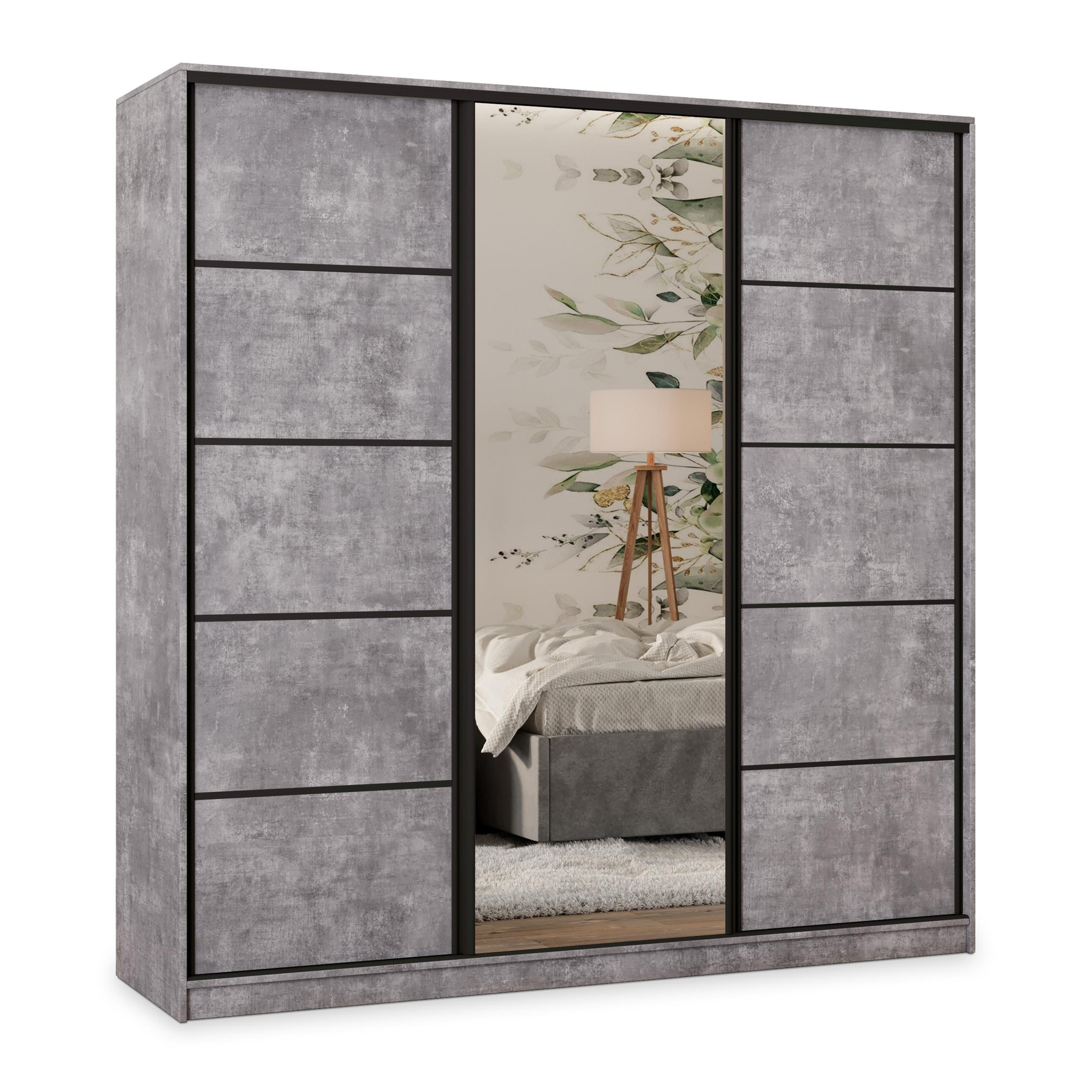 SCHWEBETÜRENSCHRANK PINA 180/205/58 cm 3-türig mit Spiegel und Schubladen Titanfarben - Titanfarben/Schwarz, Holzwerkstoff (180/205/58cm) - MASSENO