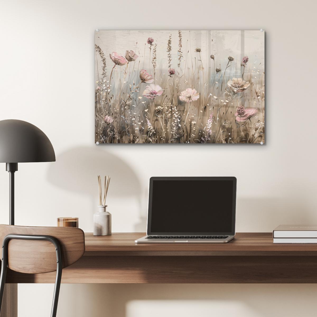 ACRYLGLASBILD Blumen - Rosa - Modern - Beige Wanddeko 60x40 cm - Beige, Glas (60/40cm) - MuchoWow