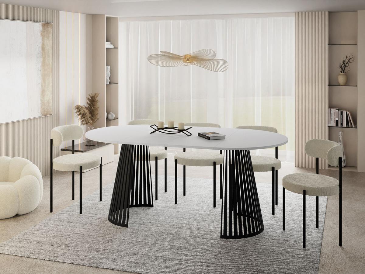 ESSTISCH Naro rund ausziehbar mit Schwarzem Lamellen-Metallgestell, Weiß 120-200/120/76 cm - Schwarz/Weiß, Holzwerkstoff/Metall (120/196/76cm) - WFL GROUP
