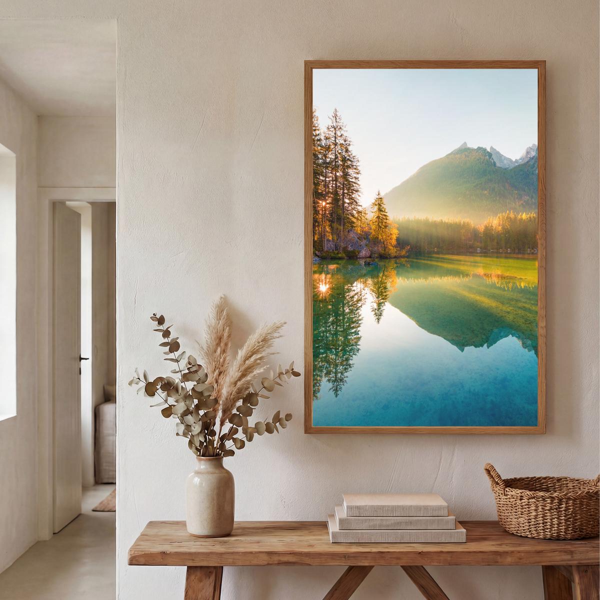 WANDLEUCHTE MIT AKKU See - Wald - Berge - Natur - Sonne - Landschaft 70x100 cm - Grün, Holzwerkstoff (70/100/8cm) - OnlyWow