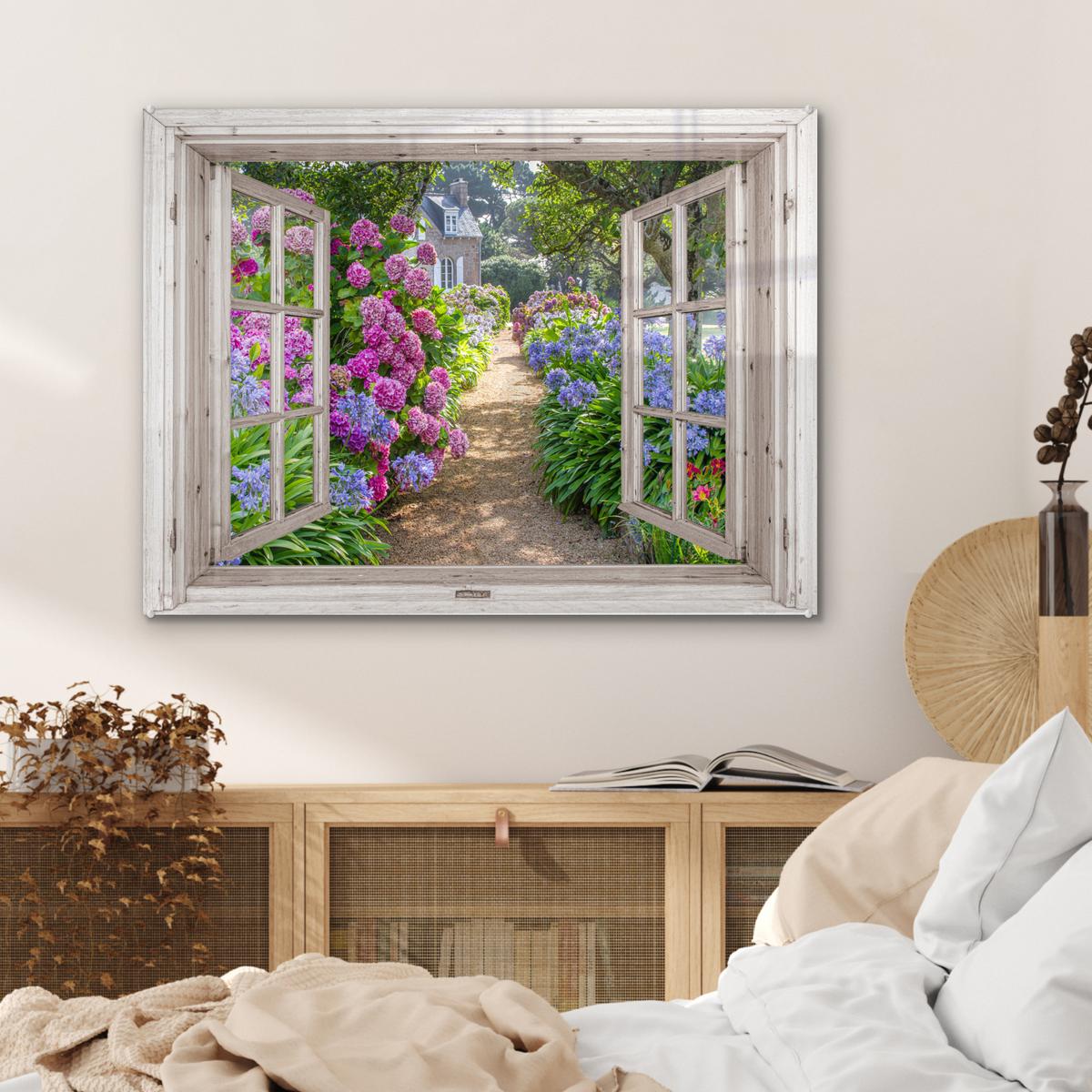 ACRYLGLASBILD Hortensie - Durchsichtig - Blumen - Sommer - Lila - Weg 80x60 cm - Lila, Glas (80/60cm) - MuchoWow
