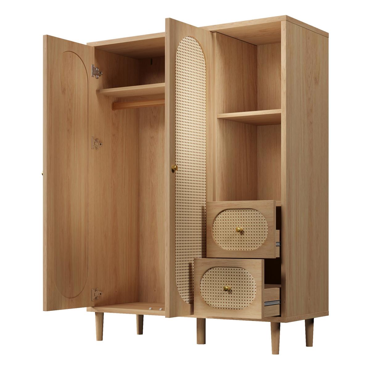 KLEIDERSCHRANK in Eichenoptik mit Rattan-Dekor, offenen Regalen und 2 Schubladen - Eichefarben, Holz (120/161/44cm) - Urban Meuble