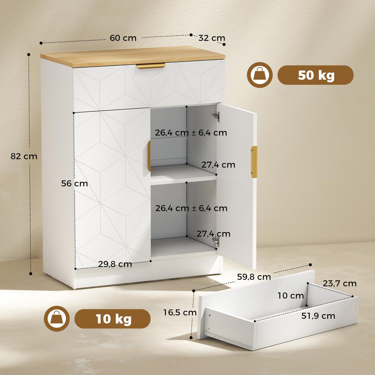 SIDEBOARD MDF Weiß - Goldfarben/Weiß, Holzwerkstoff/Kunststoff (32/82/60cm) - HOMCOM