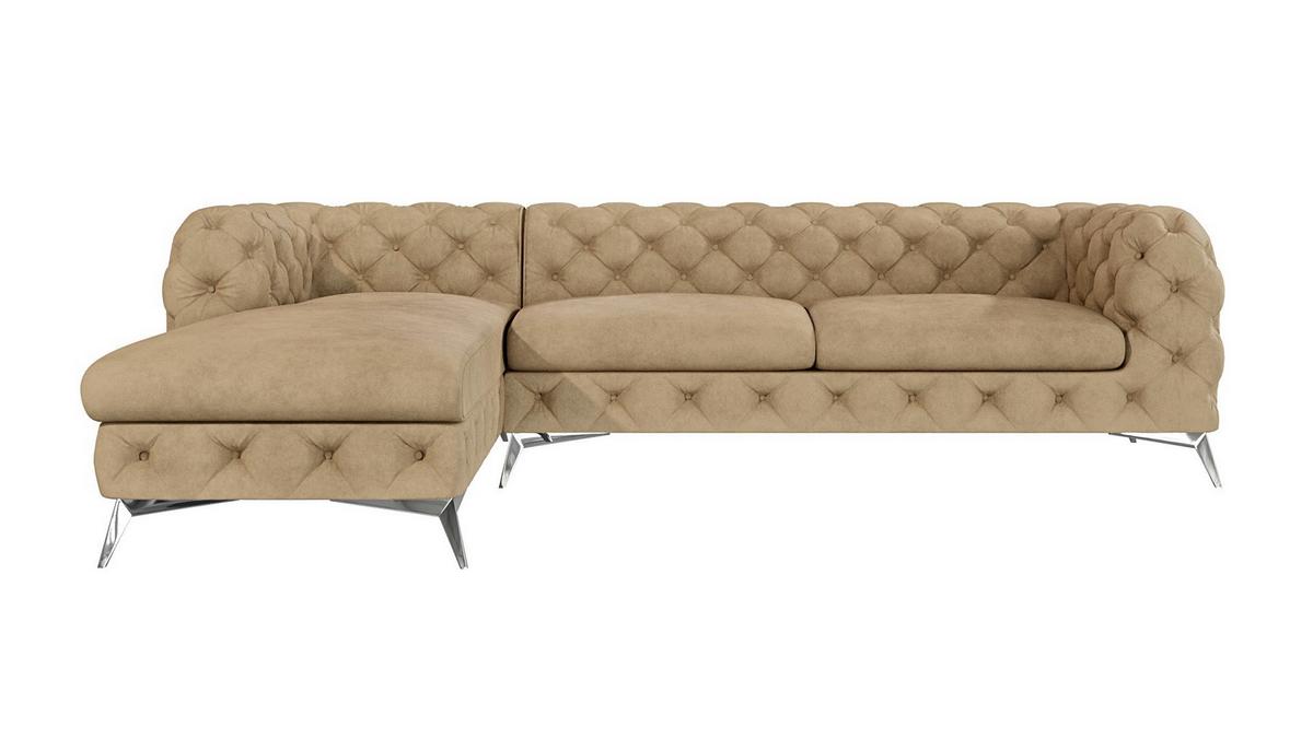 ECKSOFA Chesterfield Laura Beige Samt - Beige/Silberfarben, Holz/Textil (305/200cm) - S-Style Möbel