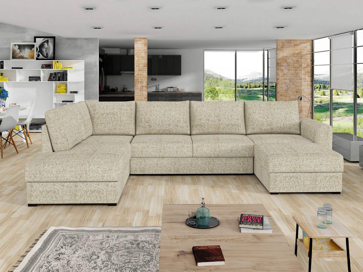 WOHNLANDSCHAFT Wilma Premium, Seite: Links - Sandfarben/Schwarz, Holz/Textil (305/85/188cm) - MIRJAN24