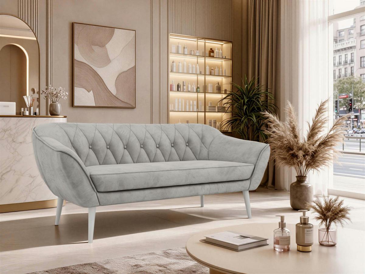 3-SITZER-SOFA PIRS - Hellgrau Velvet - Weiße Beine - Hellgrau/Weiß, Holzwerkstoff/Textil (180/75/74cm) - MKS