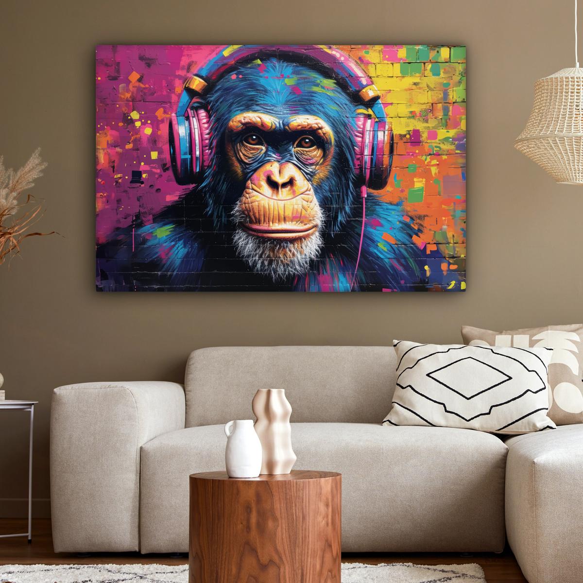 LEINWANDBILD Graffiti - Schimpanse - Straßenkunst - Kopfhörer - Affe Wohnzimmer Groß 120x80 cm - Blau, Textil (120/80cm) - MuchoWow