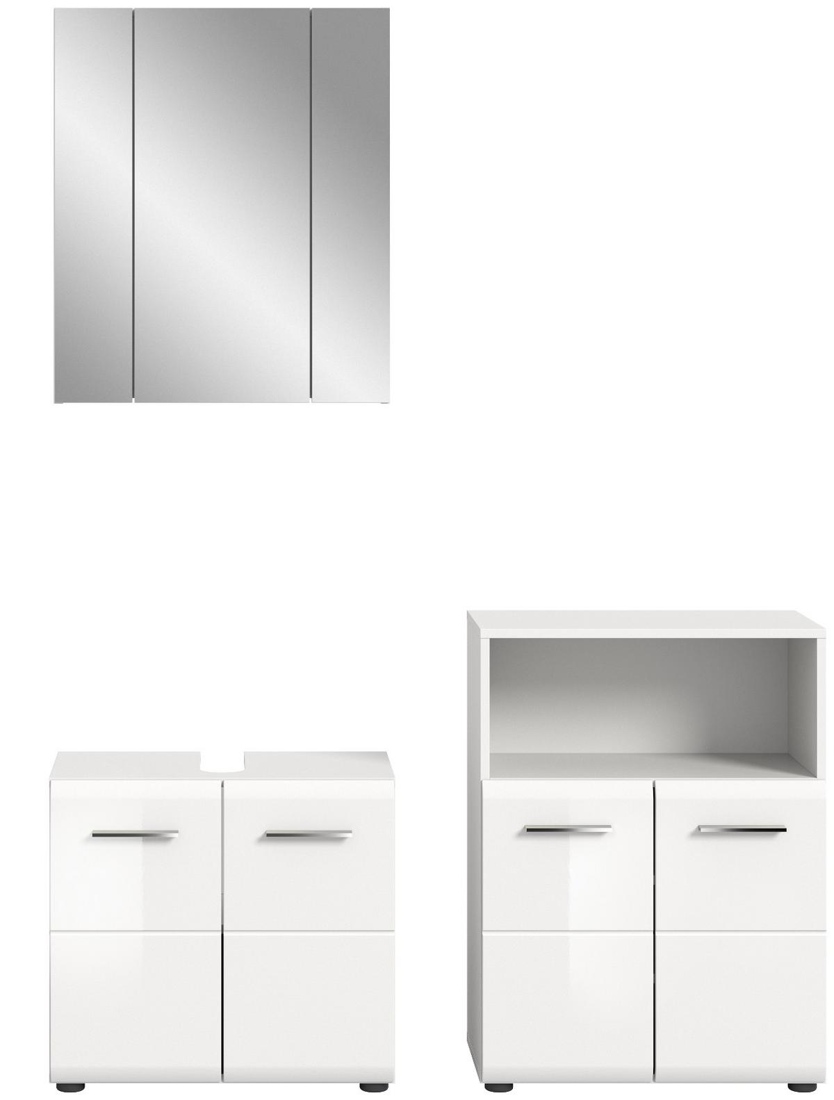 BADMÖBEL SET 3-teilig in weiß Hochglanz Badkombination 135 x 185 cm Cover - Weiß Hochglanz/Silberfarben, Holzwerkstoff/Kunststoff (135/185/30cm) - Inn.Furn