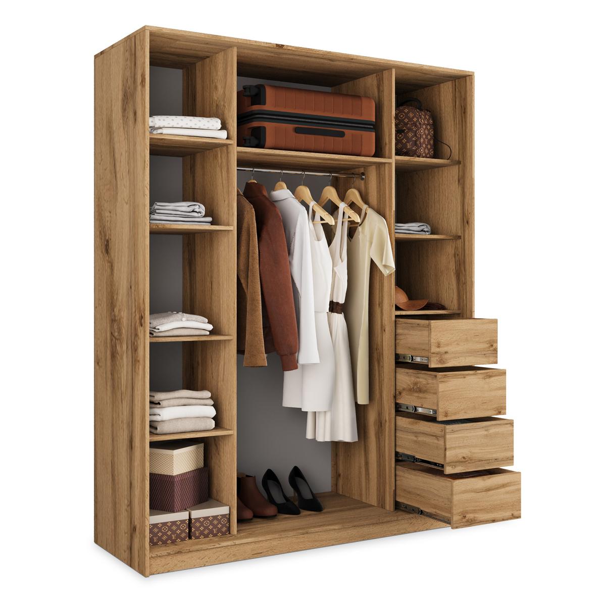 SCHWEBETÜRENSCHRANK SORE 160/205/58 cm 3-türig mit Spiegel und 4 Schubladen Schwarz - Eiche Wotan/Schwarz, Holzwerkstoff (160/205/58cm) - MASSENO