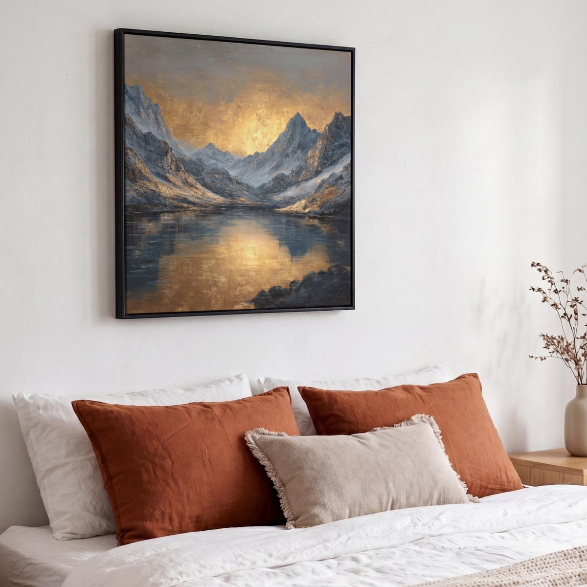LEINWAND Bilder mit Rahmen - Bergkulisse mit goldenem Sonnenuntergang - 50x50 - Goldfarben, Textil (50/50cm) - MuchoWow