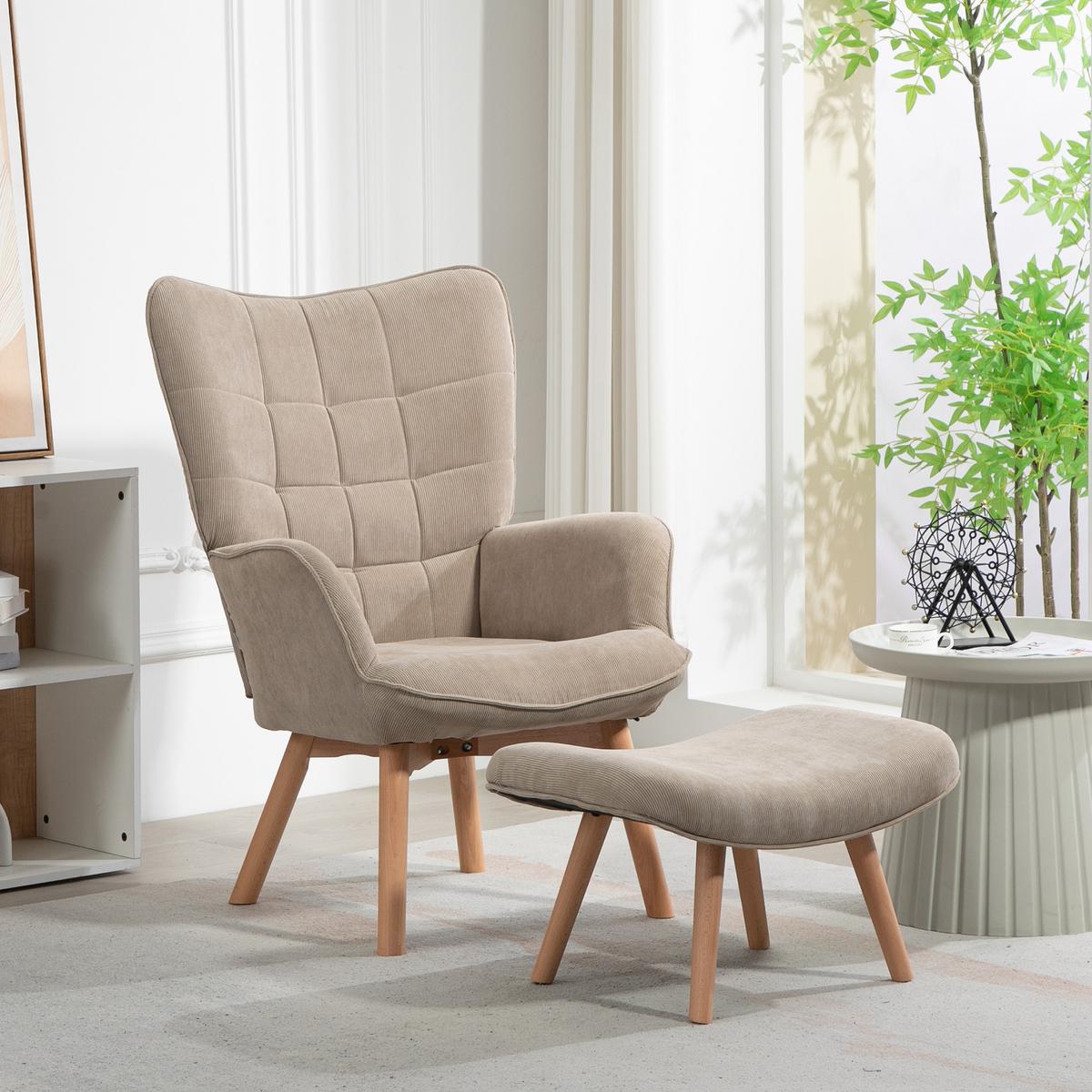 OHRENSESSEL mit Hocker, Relaxsessel, Polstersessel in Cord-Optik, mit Holzbeine - Hellbraun/Braun, Buchenholz/Textil (72/101/80cm) - HOMCOM