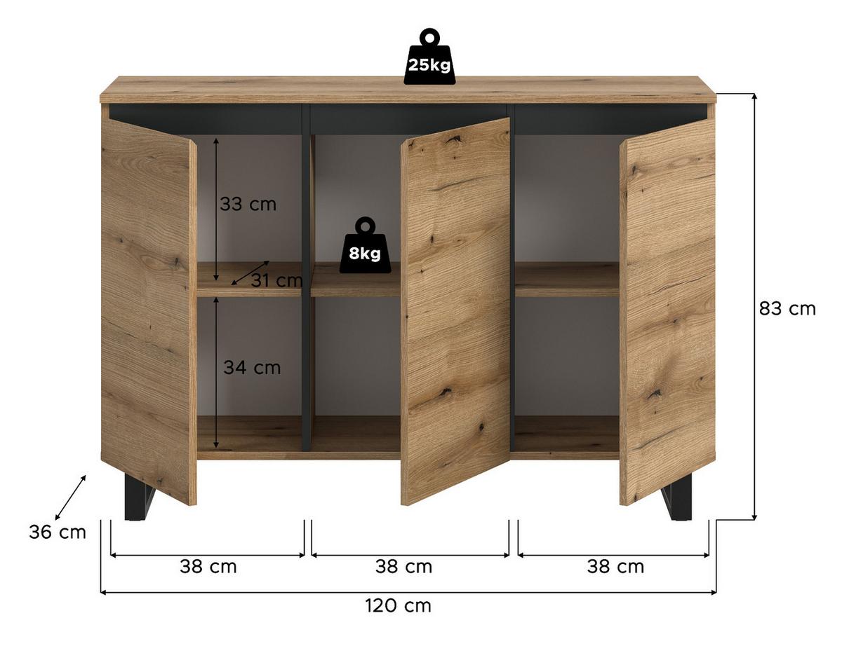 SIDEBOARD Eiche Evoke mit Schwarz, Kommode 3-türig 120 x 84 cm, Soft-Close - Eichefarben/Schwarz, Holzwerkstoff/Metall (120/84/36cm) - Inn.Furn