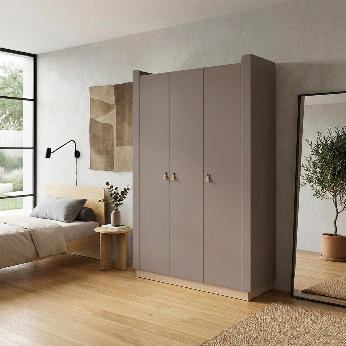 DREHTÜRENSCHRANK Sorella mit 3 Türen, 150 cm, für Jugendzimmer, Porcini + Eiche Mavelie - Eichefarben/Cappuccino, Leder/Holzwerkstoff (150/201/52cm) - Beautysofa
