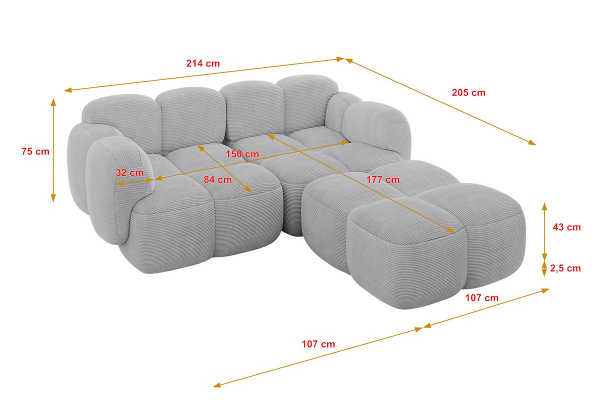 ECKSOFA modulares Sofa Rechts Miko-L1 214x205x75 Grau Cord - Anthrazit/Schwarz, Holzwerkstoff/Kunststoff (214/205cm) - ALTDECOR