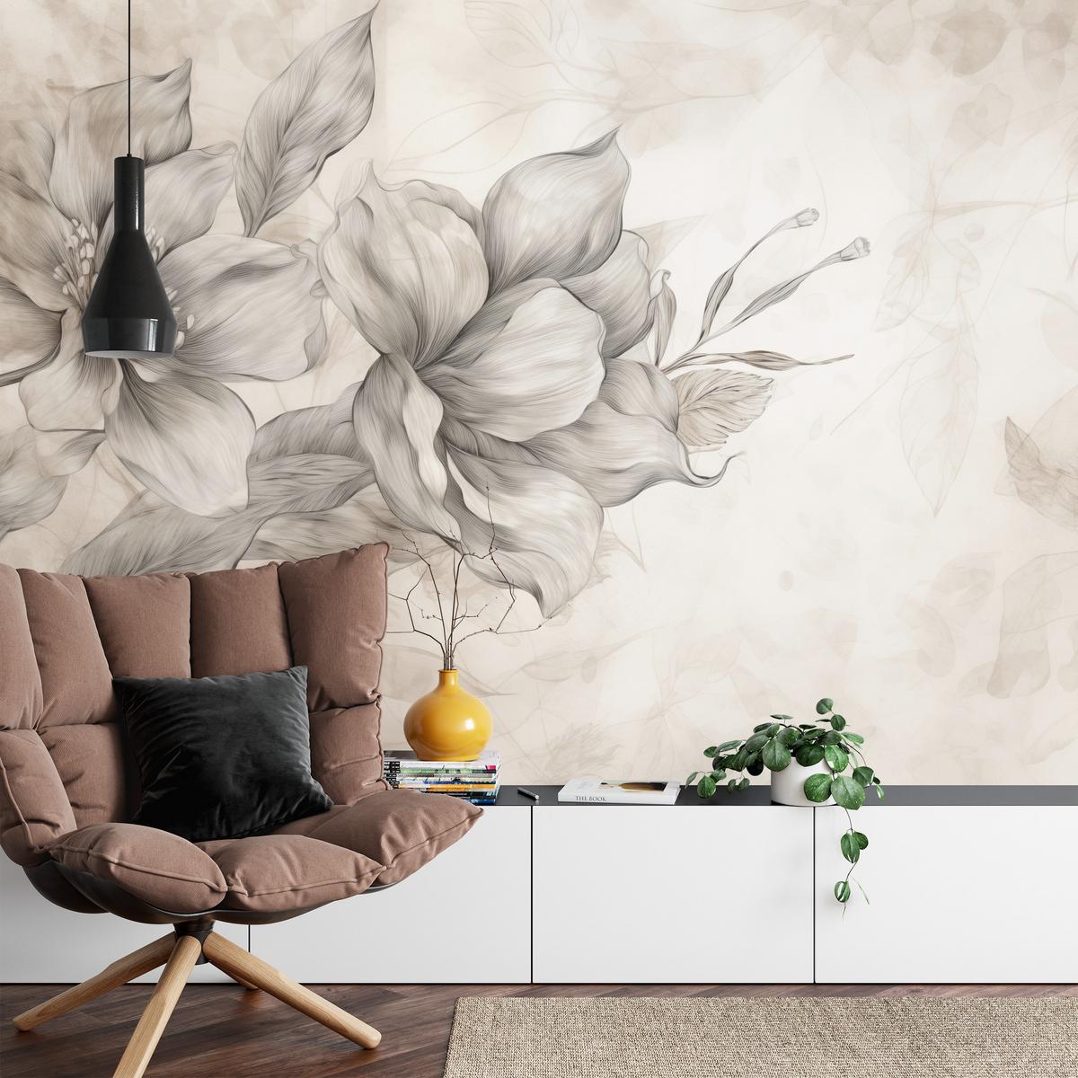 FOTOTAPETE für Wohnzimmer Abstrakt Blume Pflanzen 200x140 - Beige/Braun, Papier (200/140cm) - Muralo