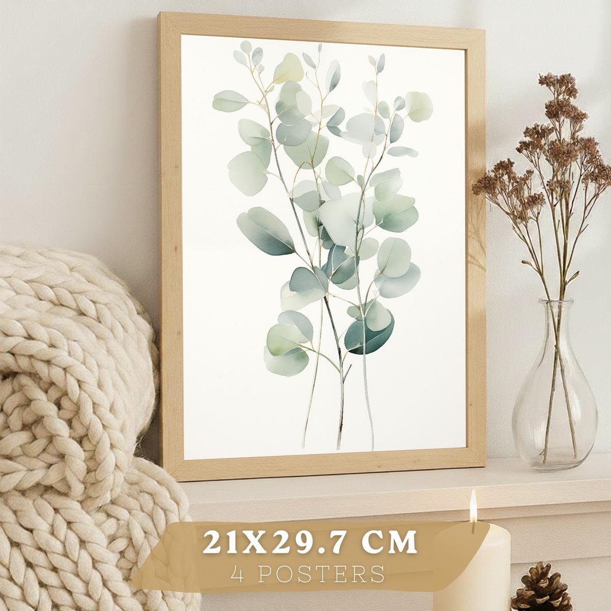 POSTER 4er Bilder-Set Wandbilder Boho Botanisch modern Wohnzimmer Deko, Schlafzimmer, Küche, Badezimmer Rahmenlos A4 - Klar, Papier (29.7/1/21cm) - Nacnic