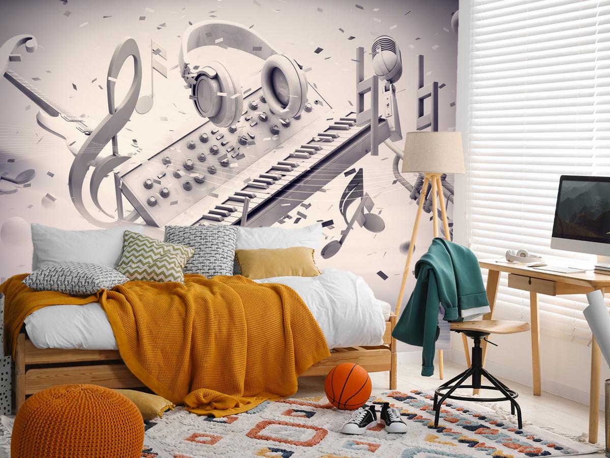 FOTOTAPETE für Jugendzimmer Modern Kollage Musik Klavier Noten Kopfhörer 350x256 - Grau, Papier (350/256cm) - Muralo
