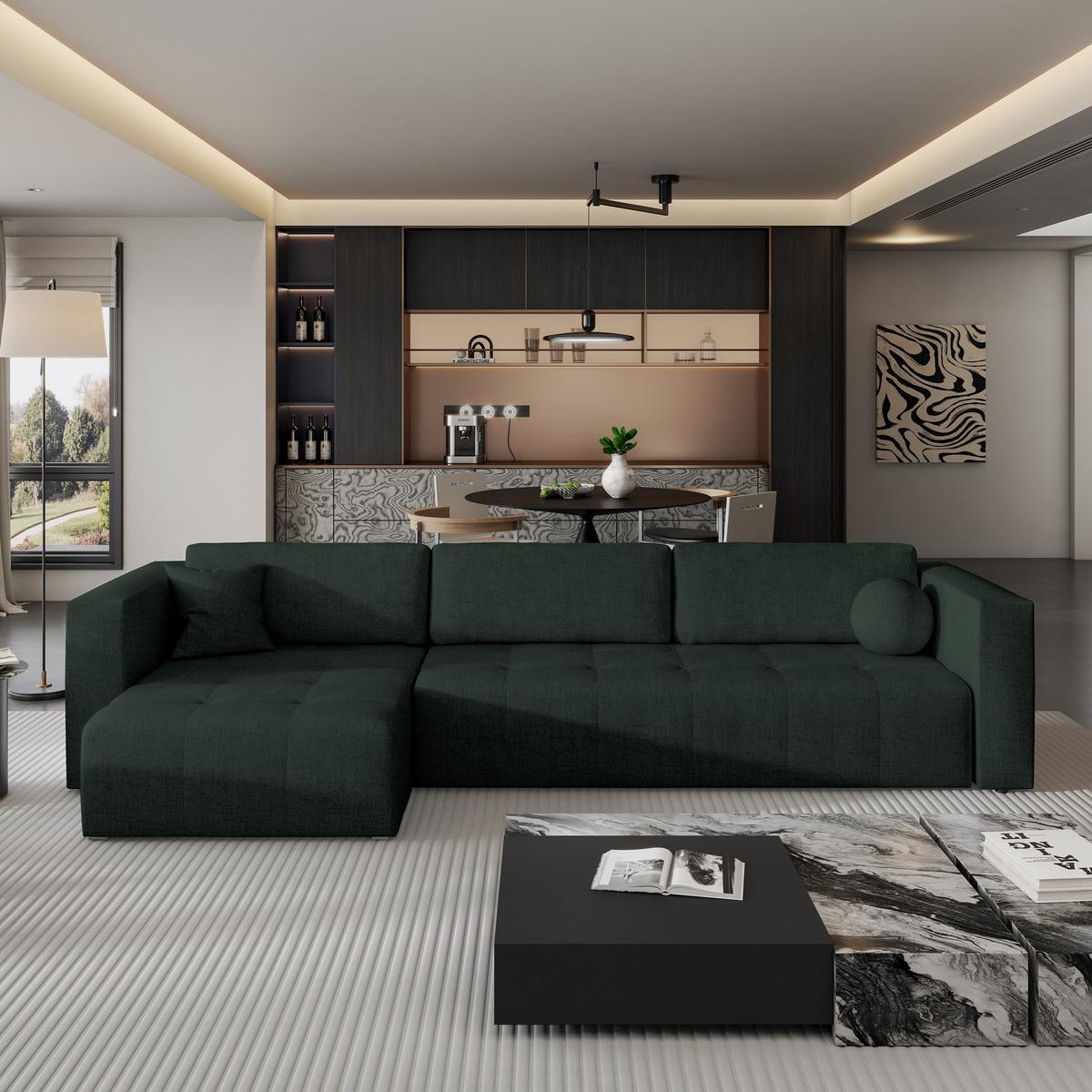 ECKSOFA OLVERA Grün Geflochtener Stoff mit Schlaffunktion - Grün, Holz (347/148cm) - MASSENO