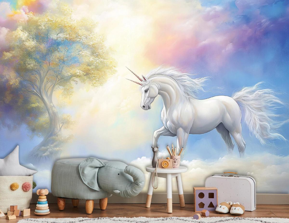 FOTOTAPETE Kinderzimmer Mädchen Einhorn Himmel Vlies Tapete 200x140 - Multicolor, Papier (200/140cm) - Wallarena