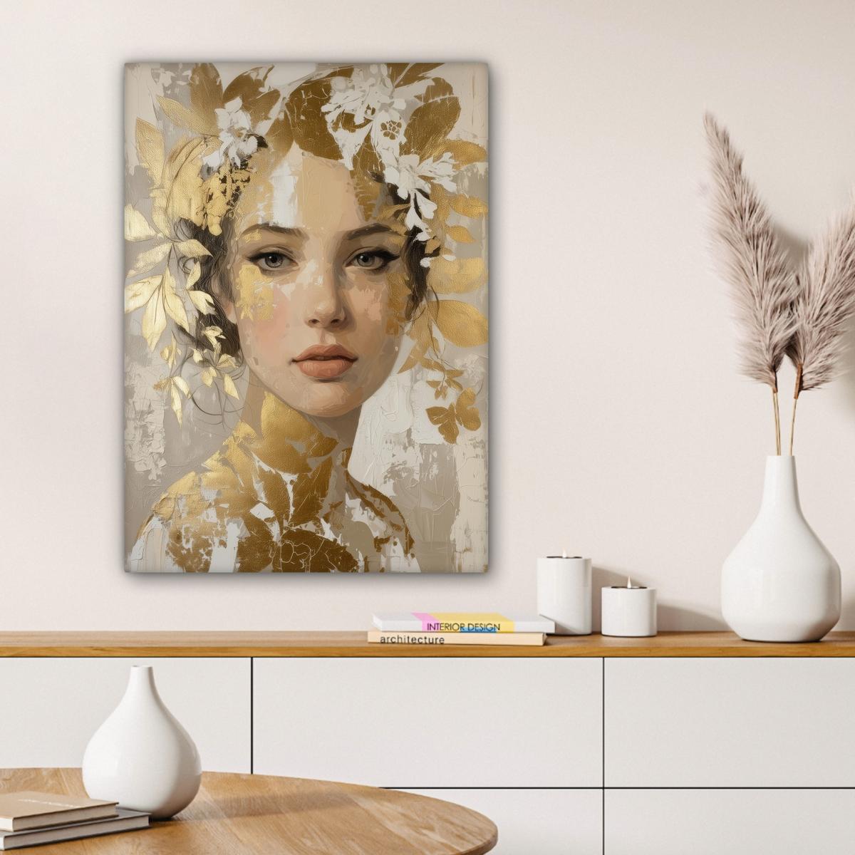 LEINWANDBILD Gesicht - Frau - Blätter - Gold Wandbild Wohnzimmer 60x80 cm - Beige, Textil (60/80cm) - MuchoWow